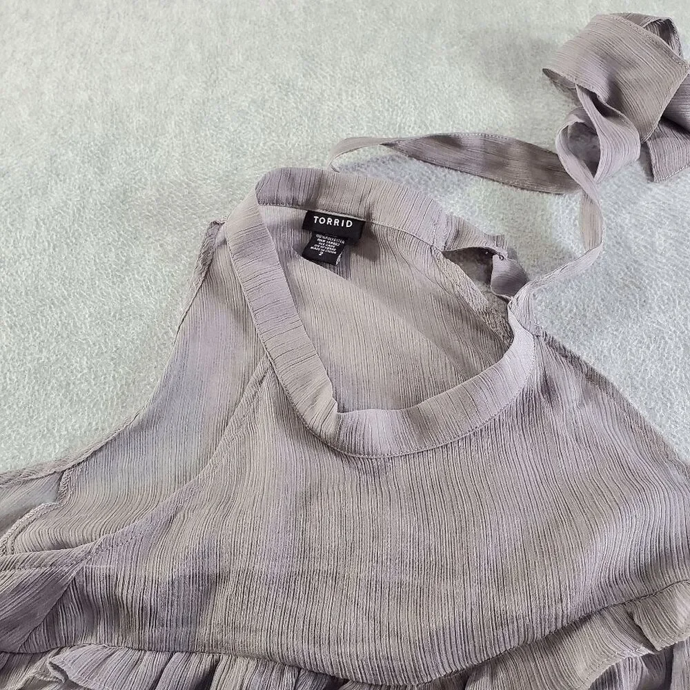 Torrid Top Womens 2 Gray Chiffon Lined Cold Shoulder Sleeve Halter Neck Ruffle